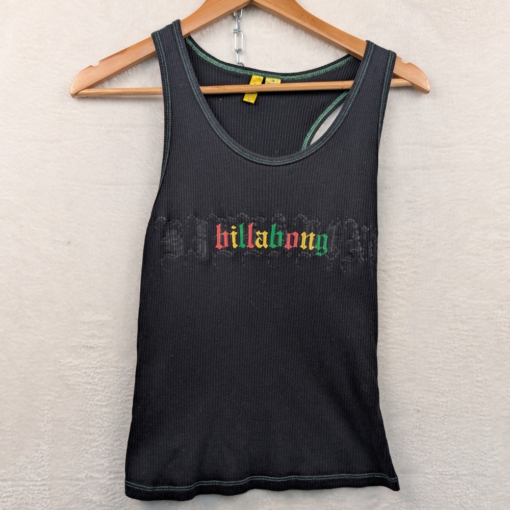 VTG Billabong Tank Top Womens XL Black Racerback Gothic Surf Skater USA Made 90s